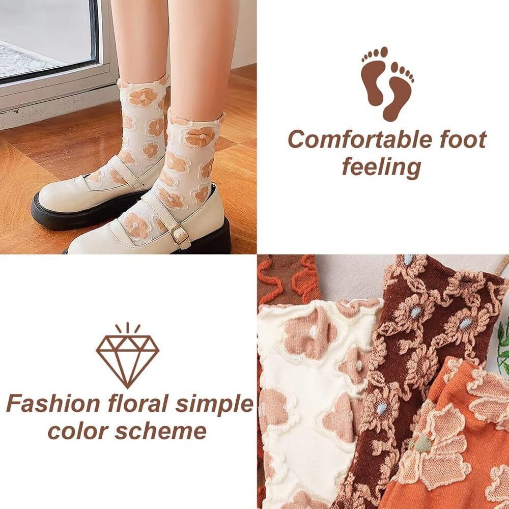 ❤️ Womens Cute Floral Socks Vintage Embroidered Frilly Floral Socks Kawaii Girly - Picture 4 of 7